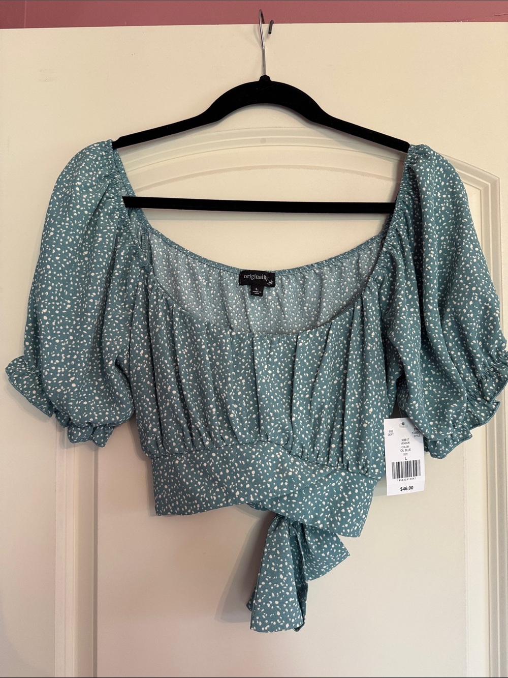 NWT Dry Goods Originality Short Sleeve Cropped Blouse w/ Tie Back Size L Large